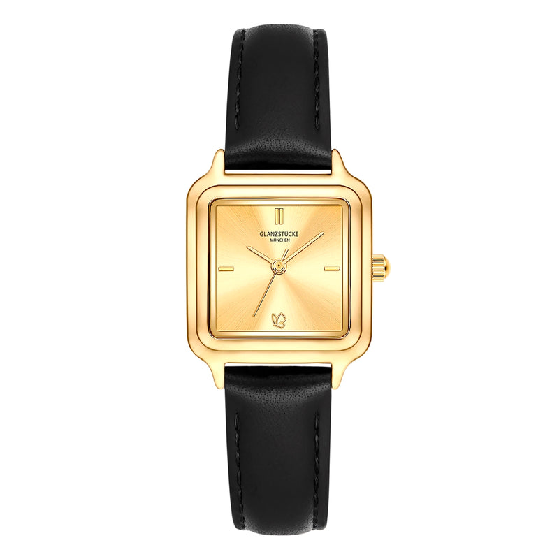 Damen Quarzuhr gelbgold Echtleder schwarz
