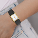Damen Quarzuhr gelbgold Echtleder schwarz