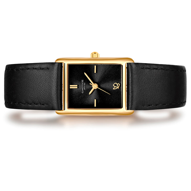 Damen Quarzuhr gelbgold Echtleder schwarz