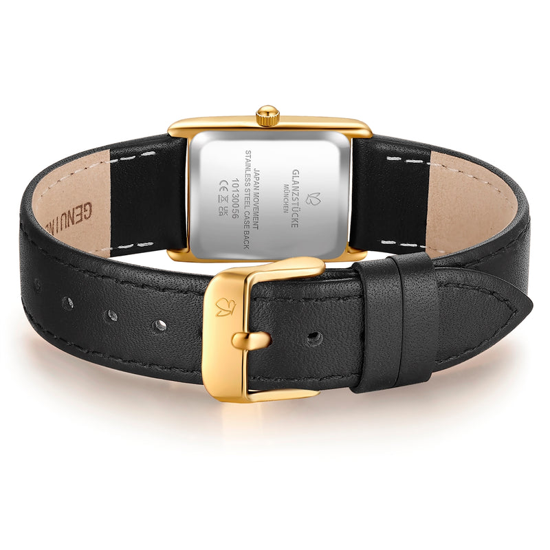 Damen Quarzuhr gelbgold Echtleder schwarz