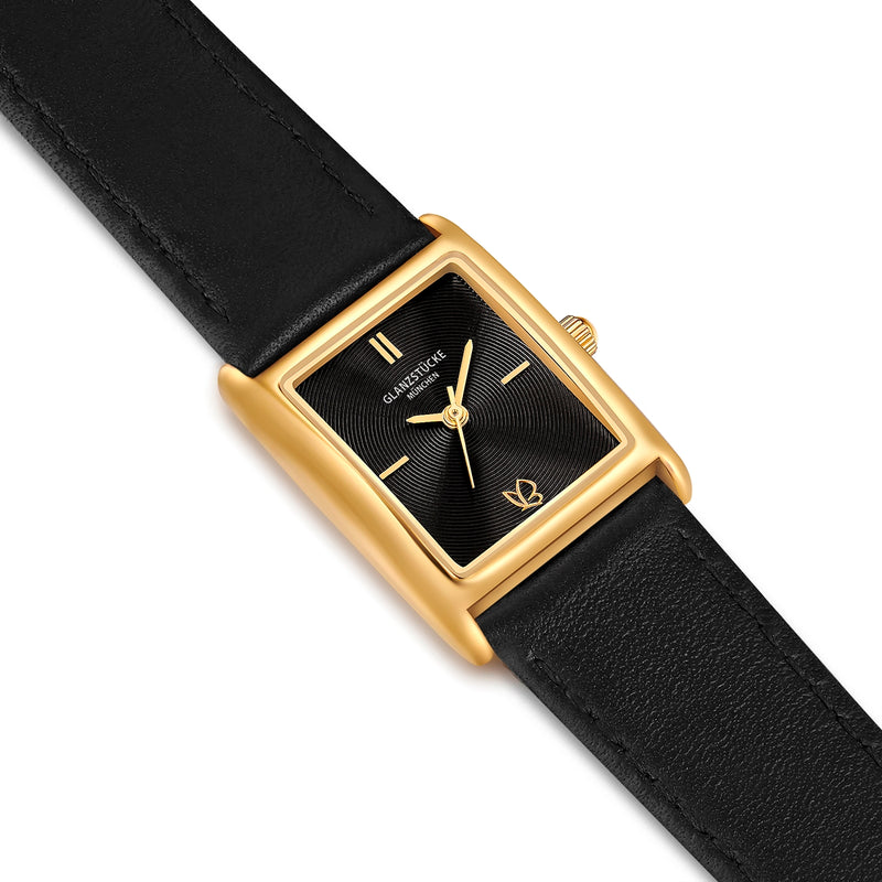 Damen Quarzuhr gelbgold Echtleder schwarz