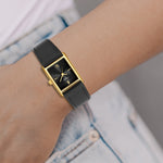 Damen Quarzuhr gelbgold Echtleder schwarz