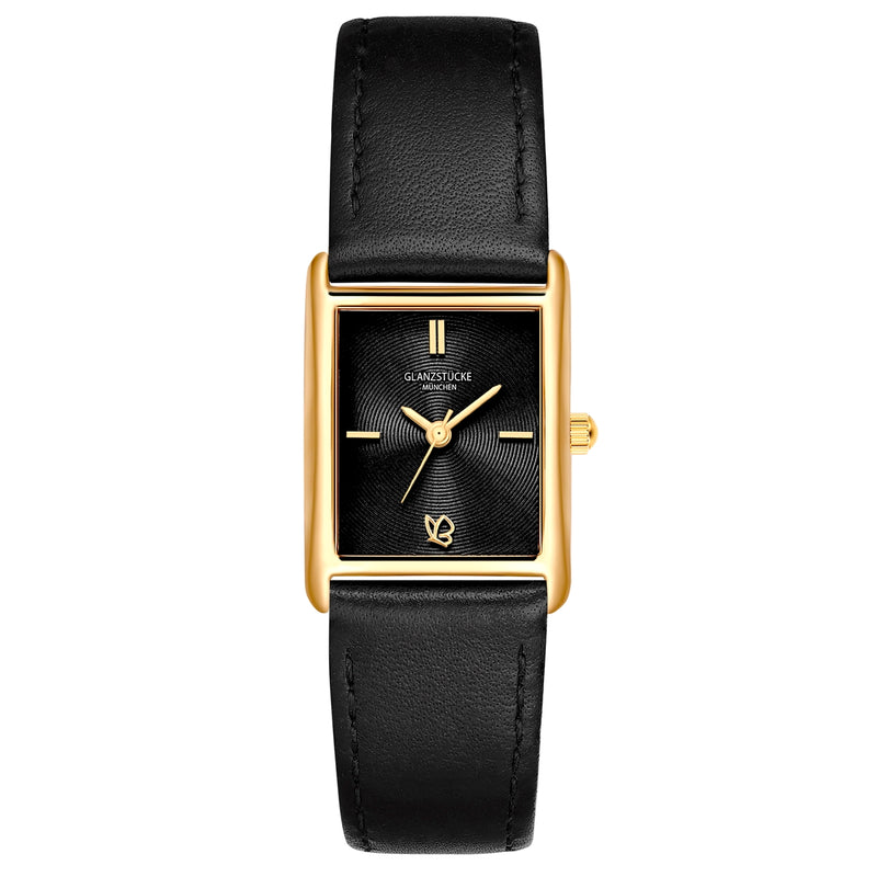 Damen Quarzuhr gelbgold Echtleder schwarz