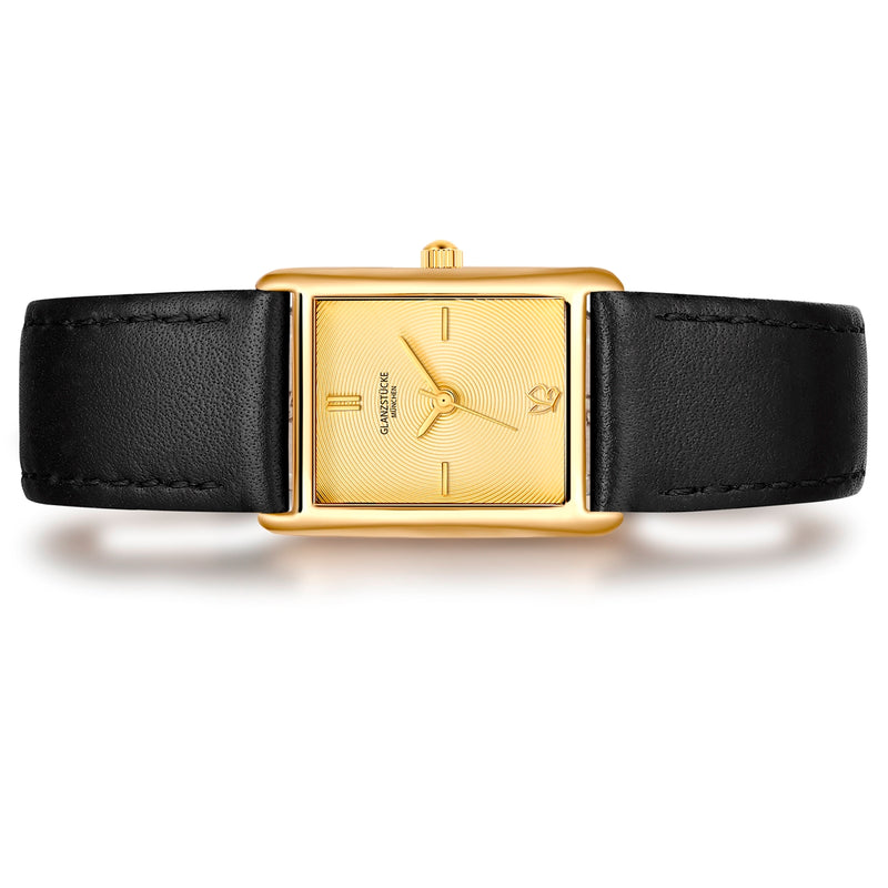 Damen Quarzuhr gelbgold Echtleder schwarz