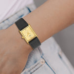 Damen Quarzuhr gelbgold Echtleder schwarz