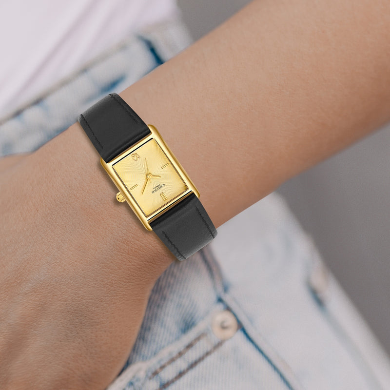 Damen Quarzuhr gelbgold Echtleder schwarz