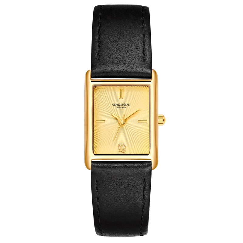 Damen Quarzuhr gelbgold Echtleder schwarz