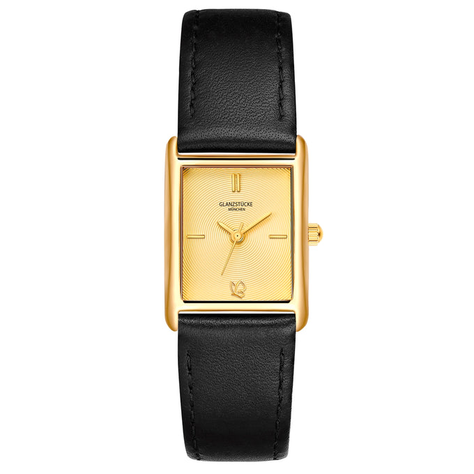 Damen Quarzuhr gelbgold Echtleder schwarz