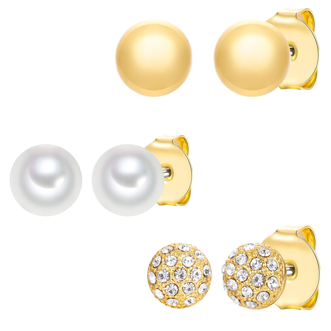 3er Set Ohrstecker gelbgold Glaskristall weiß Glasperle weiß