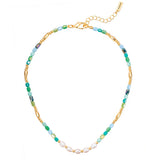 Kette mit Anhänger gelbgold Süßwasser-Zuchtperle weiß Glas multicolor
