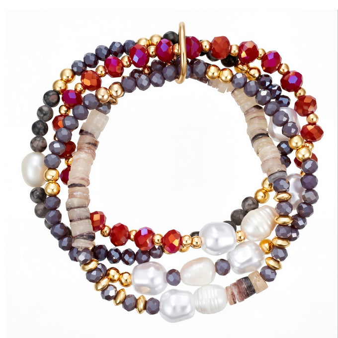 Armband gelbgold Süßwasser-Zuchtperle weiß Glas rot Naturstein grau
