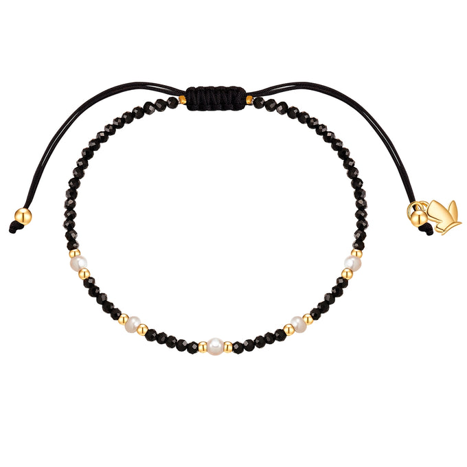 Armband Edelstahl gelbgold Textil (schwarz) Spinell schwarz