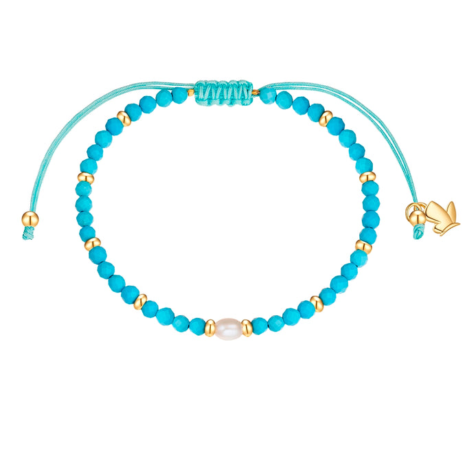 Armband Edelstahl gelbgold Textil (türkis) Süßwasser-Zuchtperle weiß Türkis (rek.)