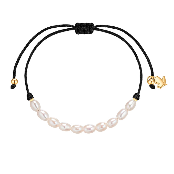 Armband Edelstahl gelbgold Textil (schwarz) Süßwasser-Zuchtperle weiß