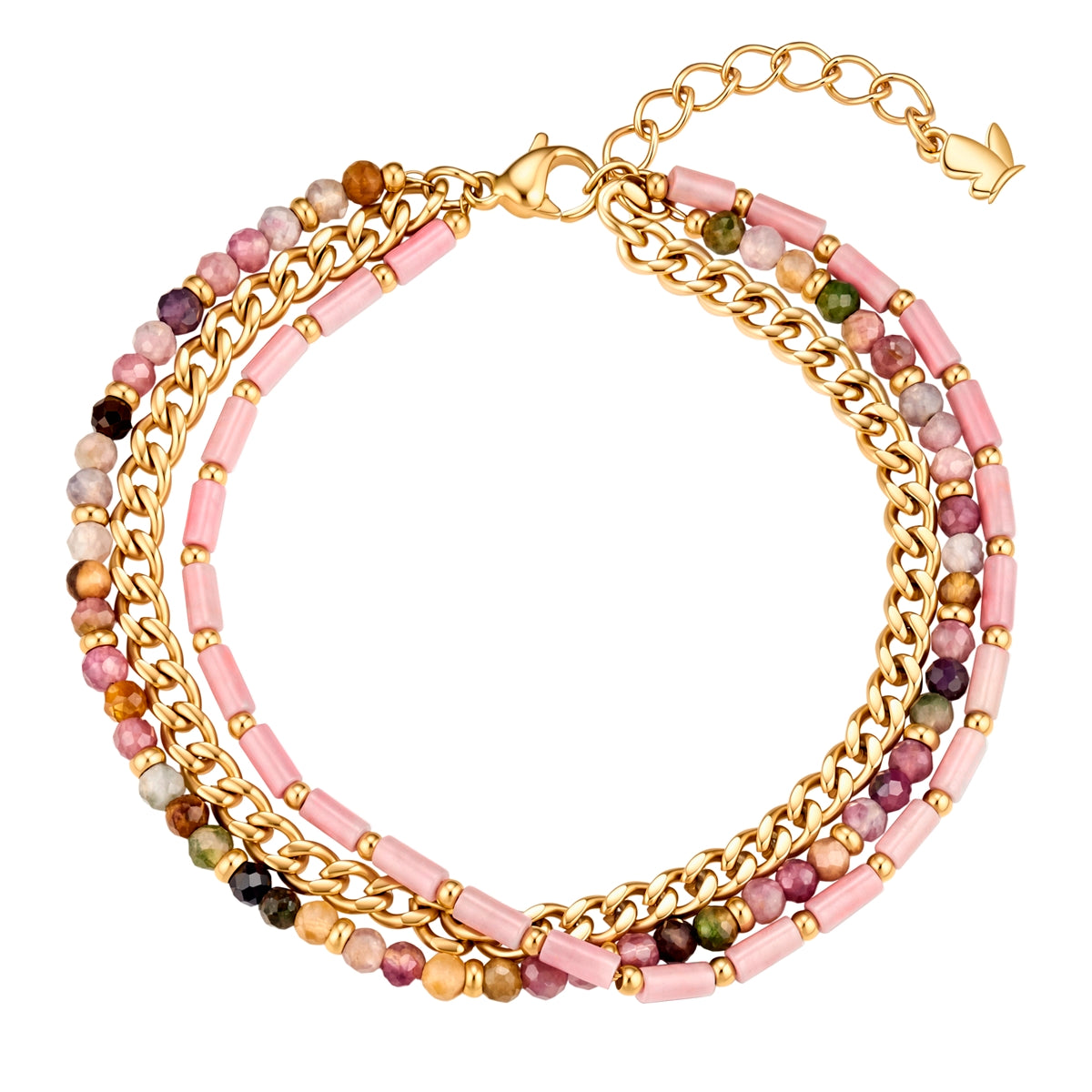 Armband Edelstahl gelbgold Turmalin rosa Rhodolit rosa